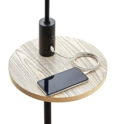 Zinia Lámpara De Pie Black/Grey/Wood - Lindby -Mejor Iluminación Tienda 4251911702422lindby zinia stehlampe mit ablage und usb schwarz3