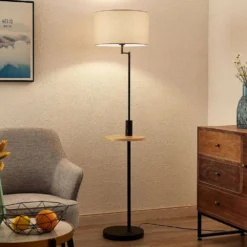 Zinia Lámpara De Pie Black/Grey/Wood - Lindby -Mejor Iluminación Tienda 4251911702422lindby zinia stehlampe mit ablage und usb schwarz5